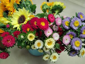 たくさんの夏の花をもらったので、利用者さんに生けていただきました。〜ひまわり・菊〜